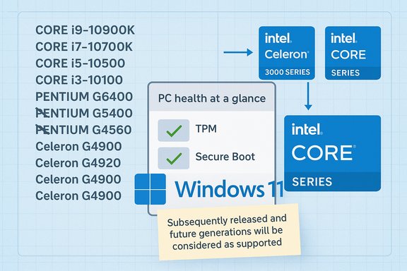 Infographic showing Windows 11 requirements (TPM, Secure Boot) across Intel CPUs.