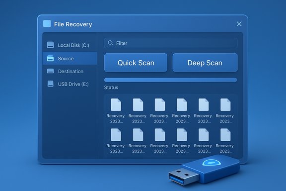 Blue File Recovery UI with Quick Scan and Deep Scan options and a USB drive.