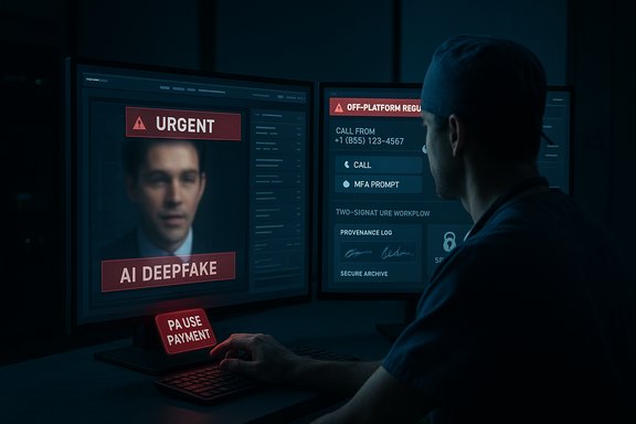 A technician monitors an urgent AI deepfake alert on dual screens in a dark control room.