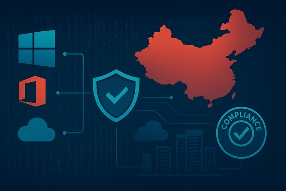 Cybersecurity scene featuring a shield, cloud icons, Windows logo, and a red China map.
