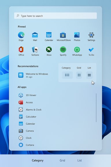 A Windows 11 Start Menu panel showing pinned apps, recommendations, and an All apps list.