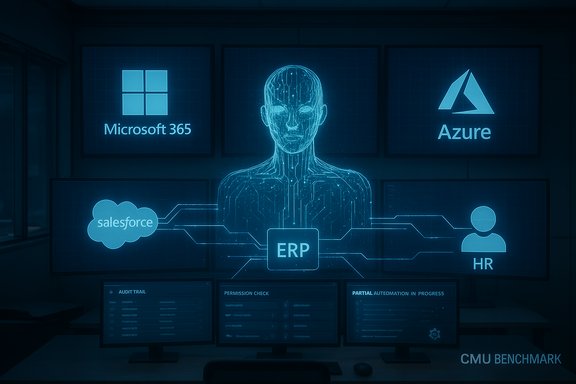 Futuristic holographic ERP dashboard showing a digital human and logos for Microsoft 365, Azure, Salesforce, and HR.
