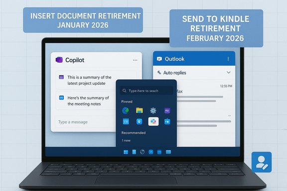 Laptop screen shows Copilot and Outlook UIs for retirement tasks set for January–February 2026.
