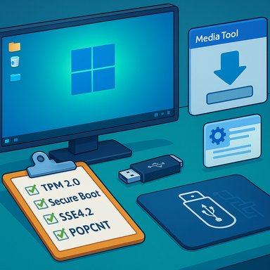 Windows desktop with a security checklist showing TPM 2.0, Secure Boot, SSE4.2, POPCNT and USB tools.