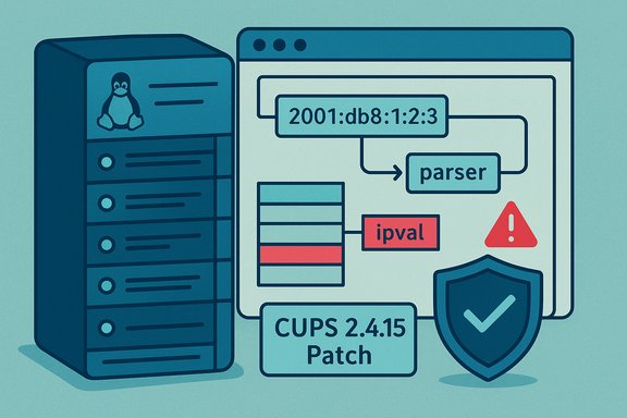 Linux server with a UI showing a CUPS 2.4.15 patch addressing a parser vulnerability.