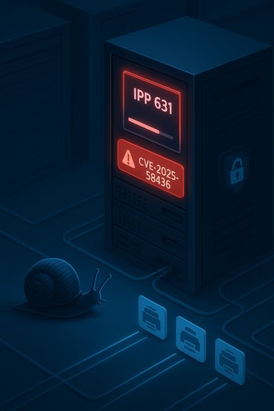 A server displays a CVE-2025-58436 warning as a snail crawls by the cables.