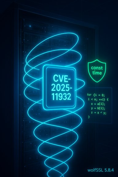 Neon blue illustration of a server with CVE-2025-11932 and a const time shield.