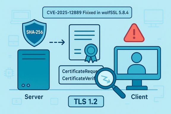 Illustration of TLS/SSL security: certificate, SHA-256 shield, client/server, TLS 1.2, and CVE fix.