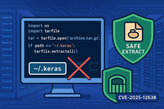 Illustration of a Python tarfile extraction vulnerability (CVE-2025-12638) with Safe Extract shield.