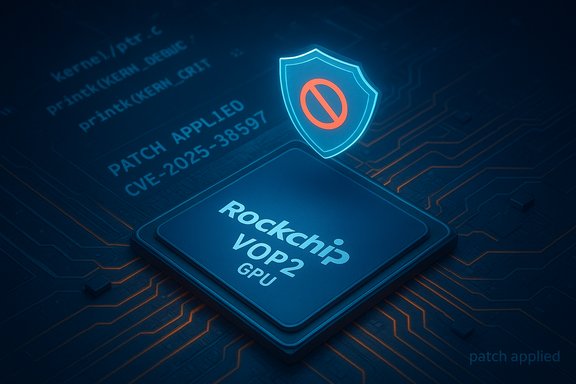 Rockchip VOP2 GPU chip with a glowing shield symbol on a circuit board.