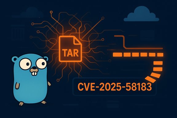 Blue cartoon gopher beside glowing orange TAR vulnerability circuitry CVE-2025-58183.