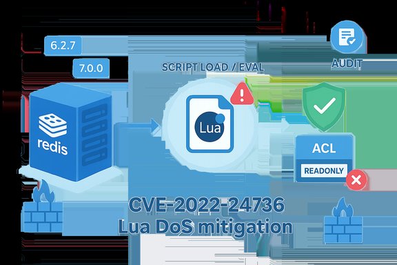 Diagram showing Lua DoS mitigation for Redis (CVE-2022-24736) using script load/eval, ACL, and audit.