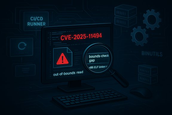 A monitor shows CVE-2025-11494 with a magnifying glass highlighting a bounds-check gap.