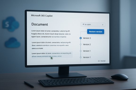 Computer monitor displaying Microsoft 365 Copilot document UI with version history and a Restore version button.