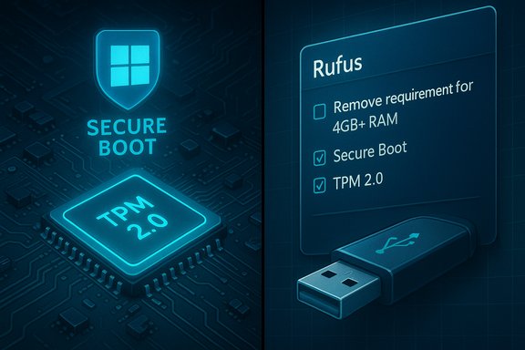 Split image: TPM 2.0 and Secure Boot on the left, Rufus USB checklist on the right.