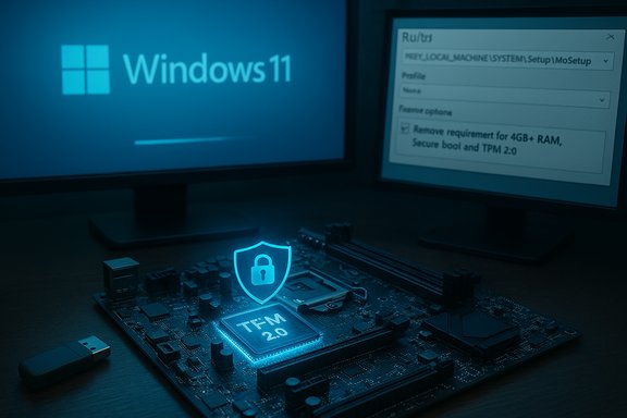 Windows 11 boot screen with a glowing lock shield on a motherboard.