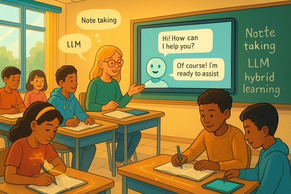 Classroom scene: students take notes as an LLM AI assists with note-taking in hybrid learning.