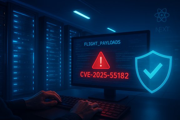 In a dim server room, a monitor shows a CVE-2025-55182 warning (FLIGHT_PAYLOADS) beside a glowing shield.