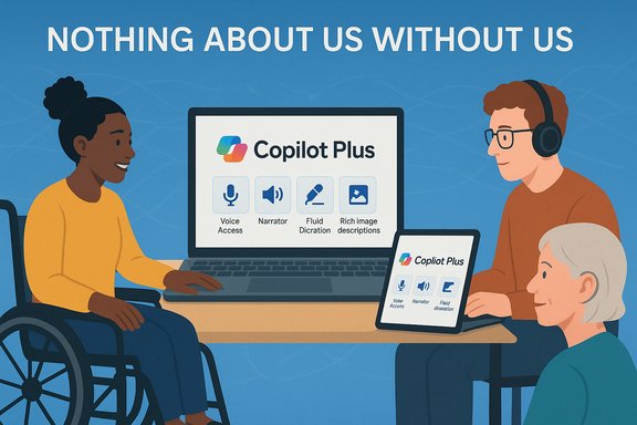 Inclusive teamwork as a diverse group uses Copilot Plus on laptop and tablet. Inclusive teamwork as a diverse group uses Copilot Plus on laptop and tablet.