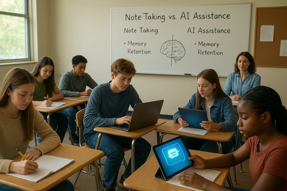 Classroom scene: students compare note taking vs. AI assistance, using laptops and tablets.