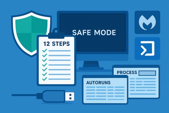 Blue security-themed illustration showing Safe Mode, a 12-step checklist, shield, and security documents.