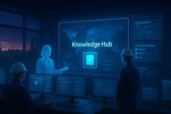 Blue-lit control room as engineers review data at the Knowledge Hub.
