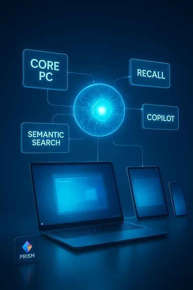Neon blue holographic AI hub links the core PC to recall, copilots, and semantic search.