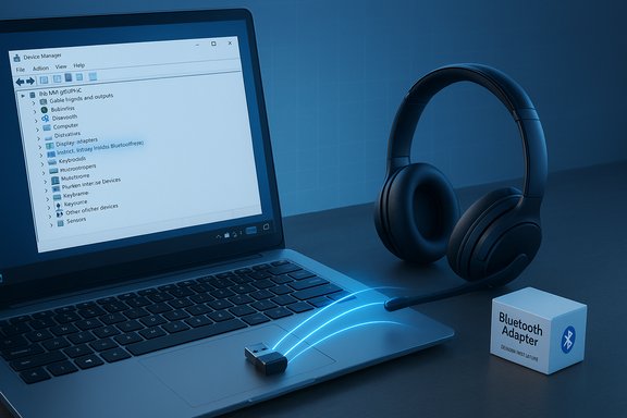 Laptop showing Device Manager with a Bluetooth headset and adapter box.