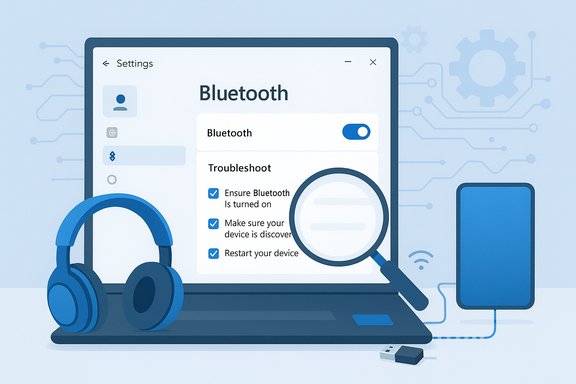 Laptop screen shows Bluetooth settings with toggle, magnifying glass, headset, and phone.