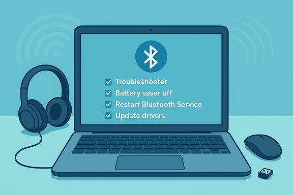 Laptop screen displays a Bluetooth troubleshooting checklist with checkmarks.