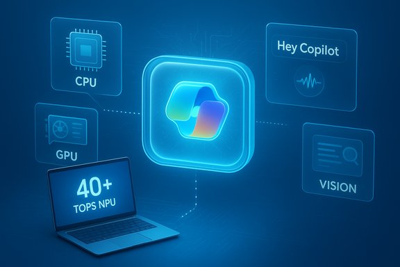 Neon blue AI hardware dashboard displaying CPU, GPU, 40+ TOPS NPU, Vision and 'Hey Copilot.'