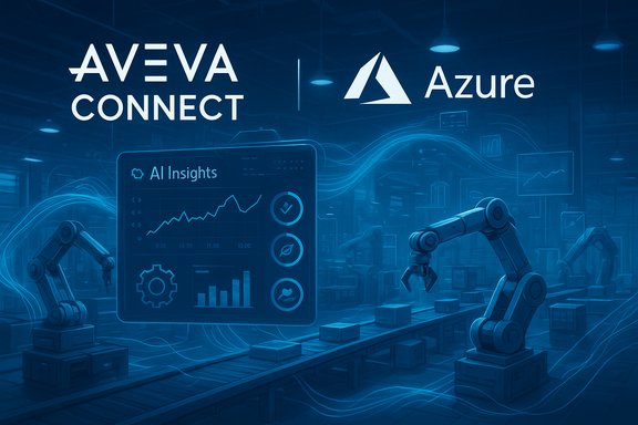 Factory floor with robotic arms and AI insights on AVEVA Connect and Azure.