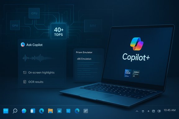 A futuristic laptop displays Copilot+ interface with AI tools and 40+ TOPS processing.