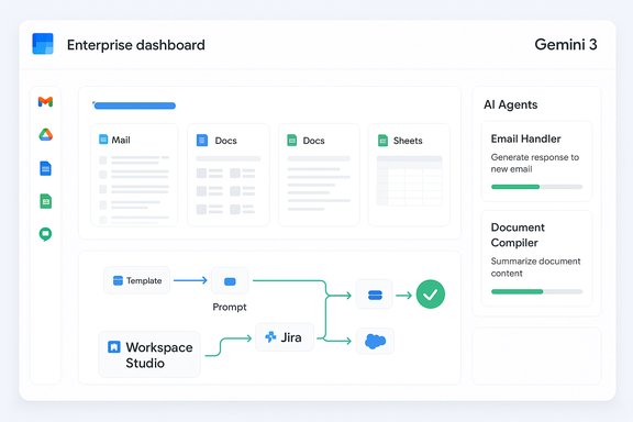 Modern enterprise dashboard UI with tile apps, AI Agents panel, and a workflow diagram.