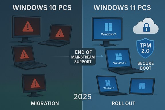 2025: Windows 10 migration ends mainstream support as Windows 11 rollout begins with TPM 2.0 and secure boot.