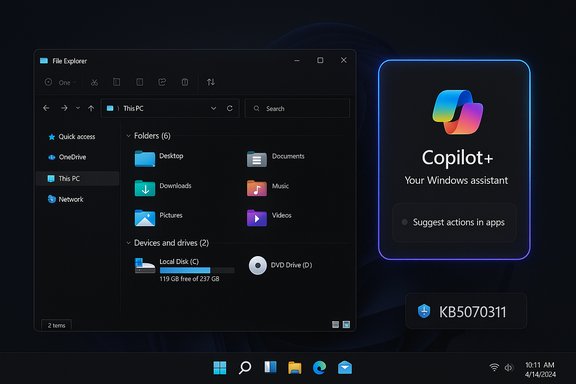 Dark Windows 11 desktop with File Explorer on the left and a glowing Copilot+ assistant panel on the right.