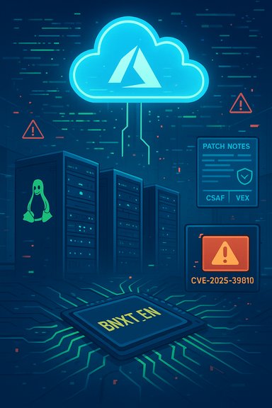 Neon cloud data center with patch notes and a highlighted CVE security warning.