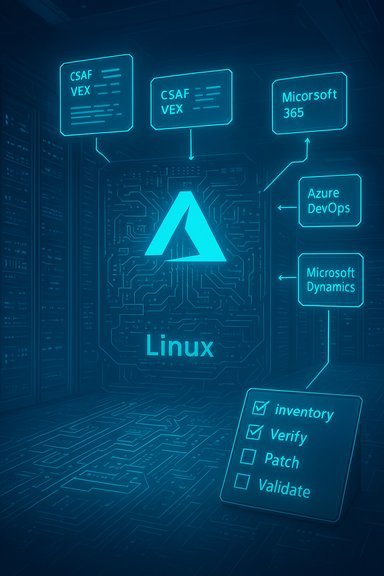 Neon blue Linux data-center diagram showing links to Microsoft 365, Azure DevOps and Dynamics.