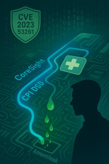 Cybersecurity illustration of CVE-2023-53261 shield, CoreSight trace, and a silhouette facing a green leak.