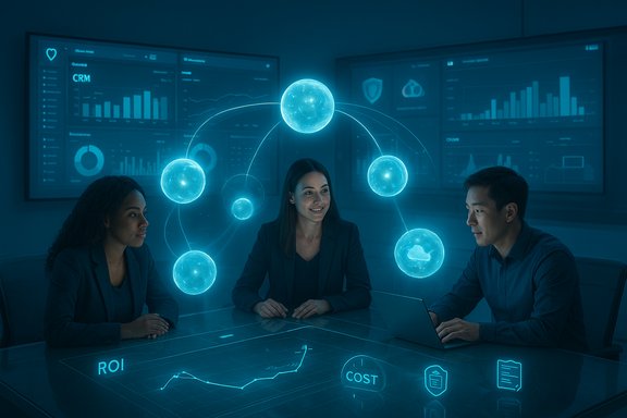 Three professionals discuss a glowing holographic network around a conference table in a high-tech analytics room. Three professionals discuss a glowing holographic network around a conference table in a high-tech analytics room.