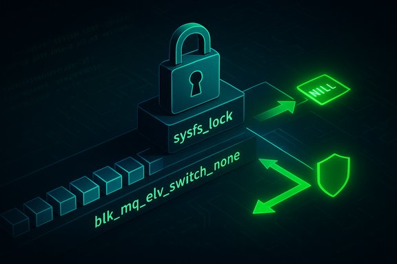 Padlock labeled 'sysfs_lock' atop a storage block, symbolizing Linux storage security.