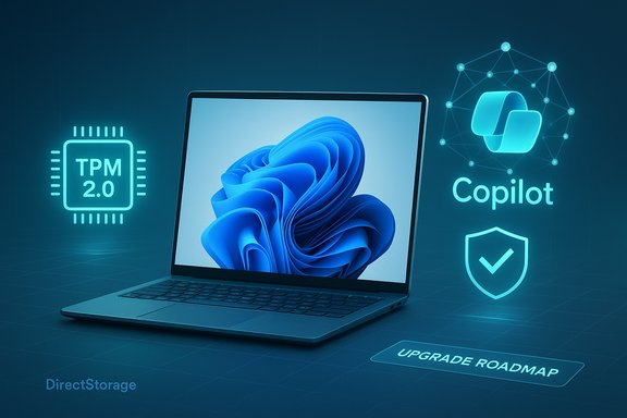A laptop surrounded by neon blue TPM 2.0, Copilot, and security icons with an upgrade roadmap.