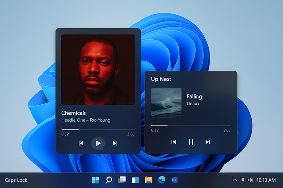 Two dark blue music cards float over a Windows 11 wallpaper, showing 'Chemicals' and 'Falling' in Up Next.