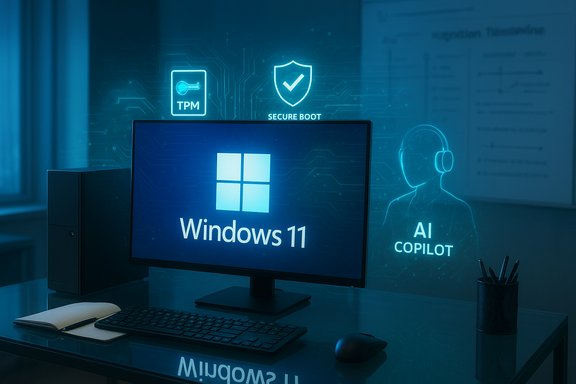 Windows 11 PC on a desk with holographic security icons and an AI Copilot display.