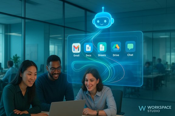 Three coworkers collaborate on a laptop as a holographic Google Apps panel and friendly bot hover above.