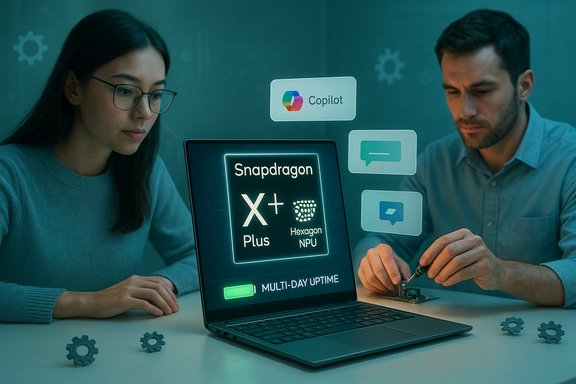 Two professionals review a laptop displaying Snapdragon X+ Plus with Copilot and AI icons.