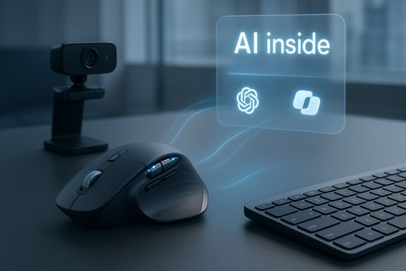A high-tech desk setup featuring a wireless mouse, keyboard, webcam, and a holographic display reading 'AI inside.'