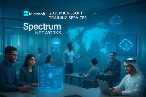 Professionals work at laptops in a glass-walled Microsoft training room for Spectrum Networks.