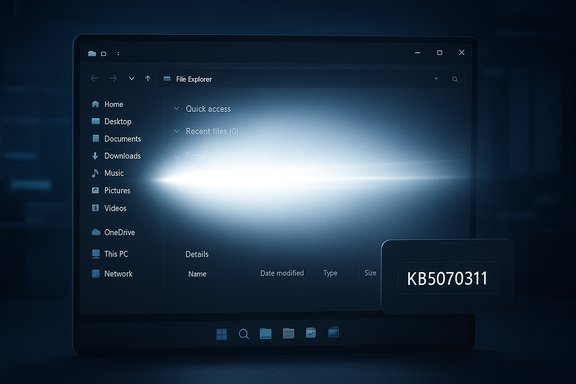 A dark Windows File Explorer window on a laptop, with a bright flare and a floating KB5070311 badge.