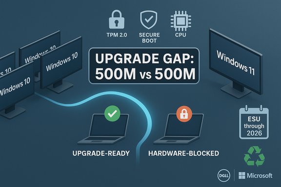 Illustration of the Windows upgrade gap: 500M vs 500M, upgrade-ready vs hardware-blocked PCs.